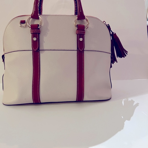 Dooney & Bourke Aubrey Cream/ Brown Pebble Leather Tassel Satchel Handbag - Picture 9 of 16